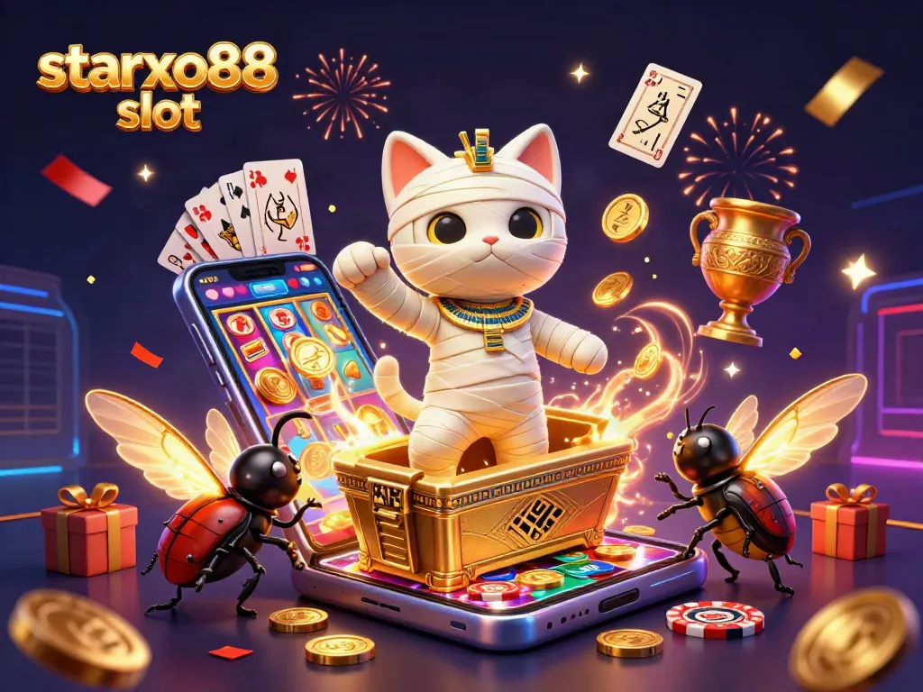 Engage with the starxo88 slot experience featuring Egyptian-themed characters and vibrant casino elements.