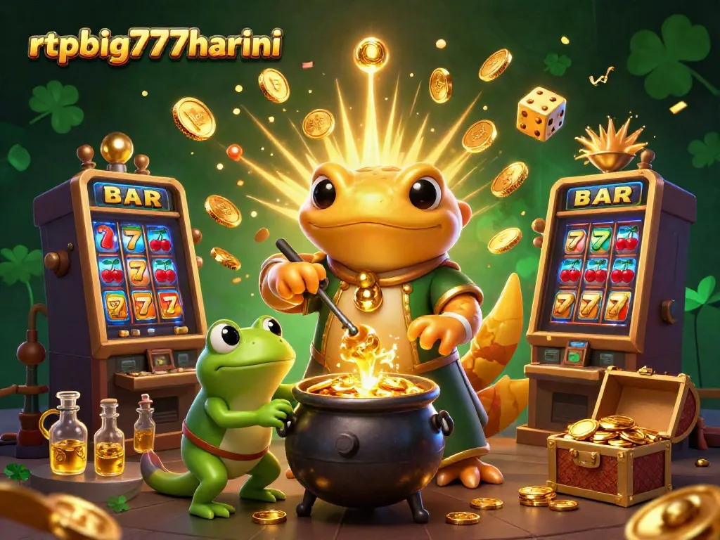 Experience the excitement at rtpbig777hariini with a lively 3D scene of a golden salamander and gaming elements.