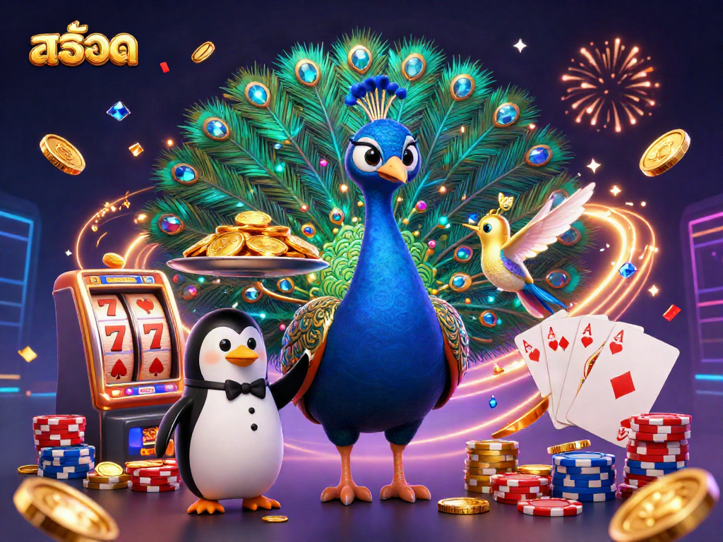 Experience the excitement of สล็อต with vibrant characters amidst dynamic casino elements.