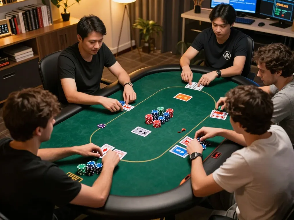 Engaging in online poker gameplay on max88pro with colorful chips and strategic moves visible.