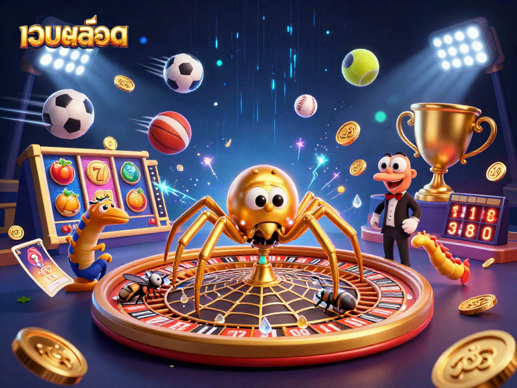 Engage with เว็บสล็อต action in vibrant 3D casino illustration featuring a spider and a croupier.
