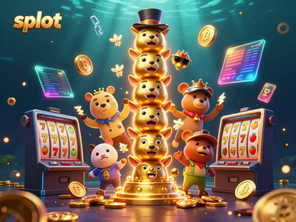 Spinning slot machine reels with vibrant symbols and glowing cryptocurrency coins above a golden totem character.