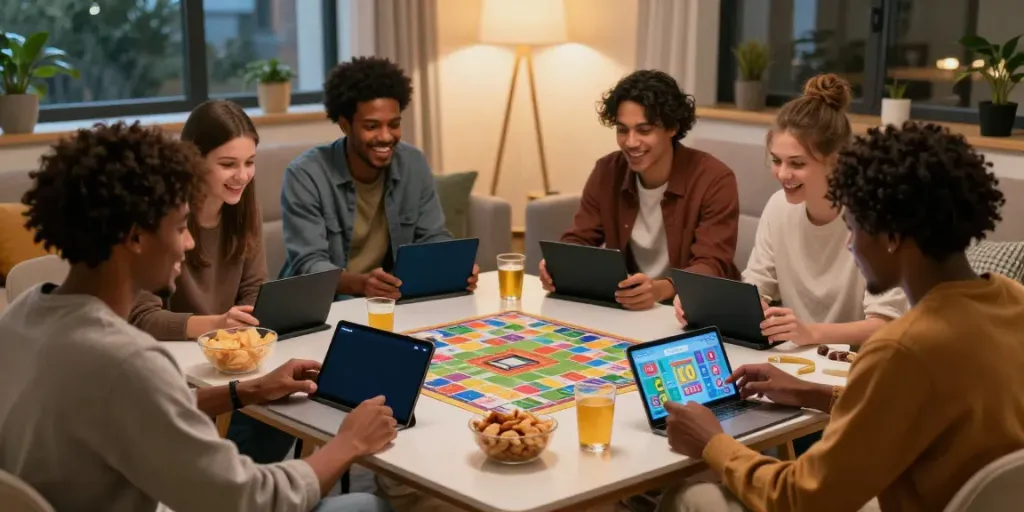 Group of friends enjoying Rumble Rummy on mobile devices in a cozy living room.