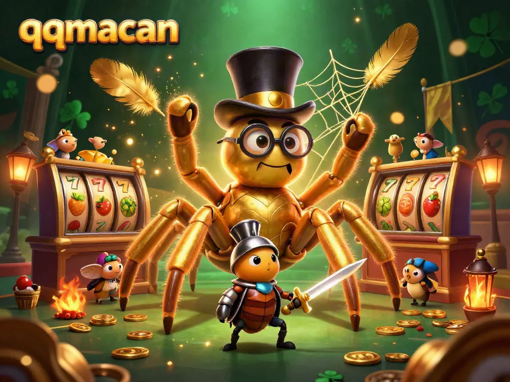 Reveal impressive wins at qqmacan with slot reels spinning in a vibrant 3D casino illustration.