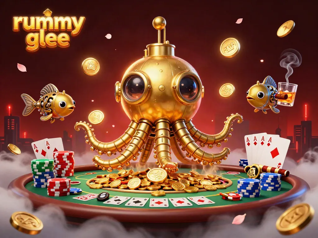Gambarkan momen bermain rummy glee dengan keseruan di meja poker, dikelilingi harta karun menjulang tinggi.