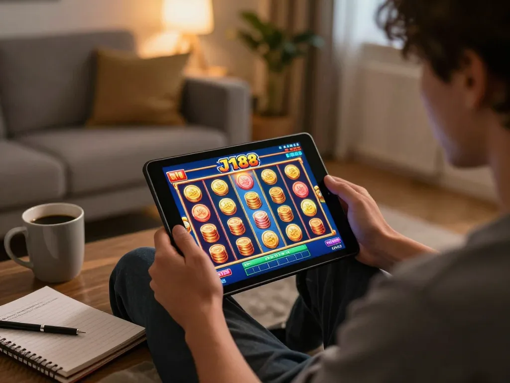 Player enjoying J188 slot game on tablet in cozy home setting, showcasing responsible gambling 2026.