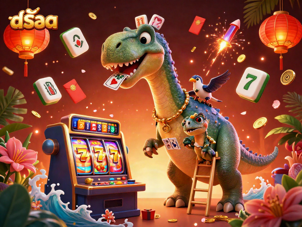 Experience สล็อต action with a brontosaurus and clever raptor in a vibrant casino scene.