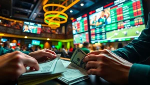 Engaging action of Sports Betting with hands placing bets in a lively sportsbook environment.