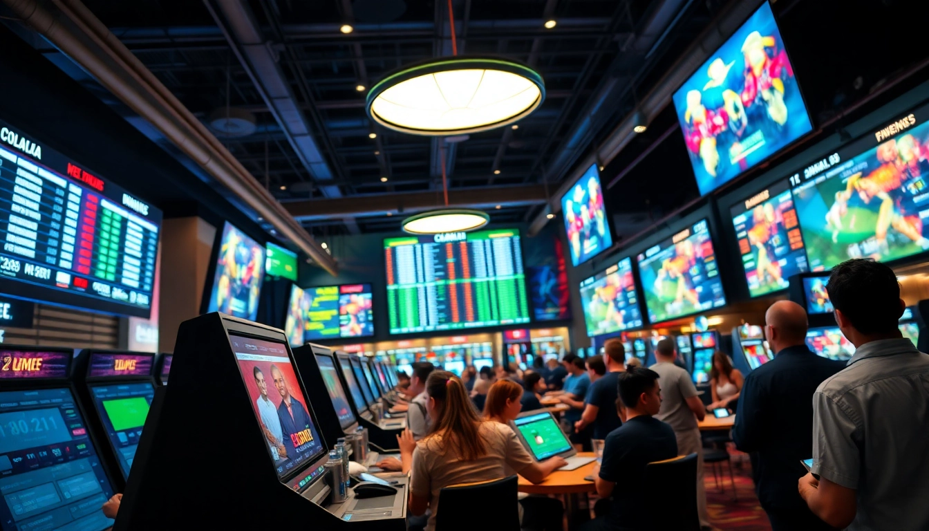 Engage in online Betting with a vibrant casino atmosphere showcasing live odds and eager bettors.