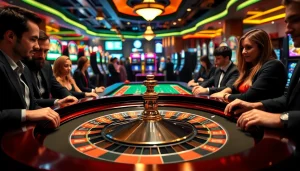 Experience the excitement of Casino players gathered around a lively roulette table.
