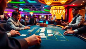 Engage in a thrilling Blackjack Casino experience with players at a vibrant table.