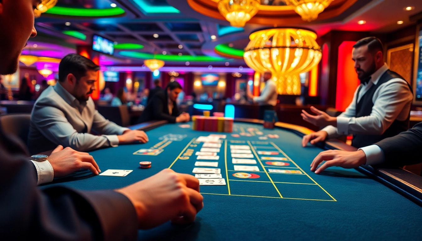 Engage in a thrilling Blackjack Casino experience with players at a vibrant table.