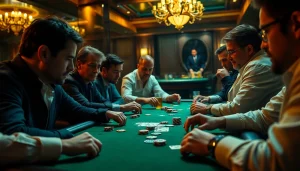 Engaged players in a Poker Game at a luxurious casino table highlighting intensity and strategy.