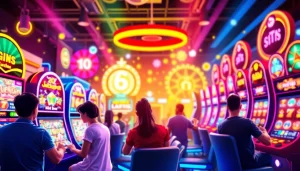 Menyaksikan qqmacan game dengan pemain antusias dan mesin slot yang cerah.