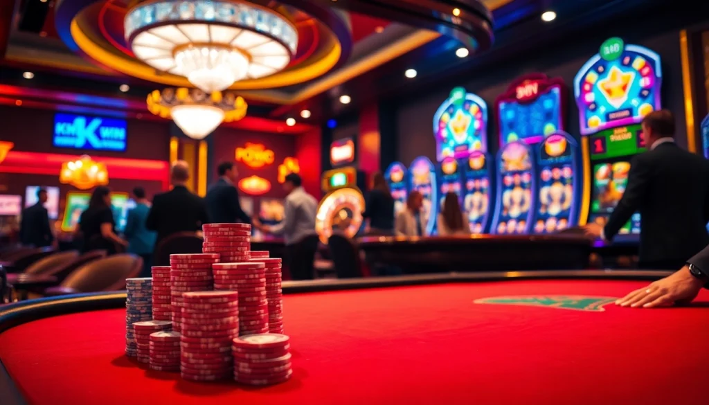 Players engaging at the KKWIN poker table, surrounded by lively casino excitement.