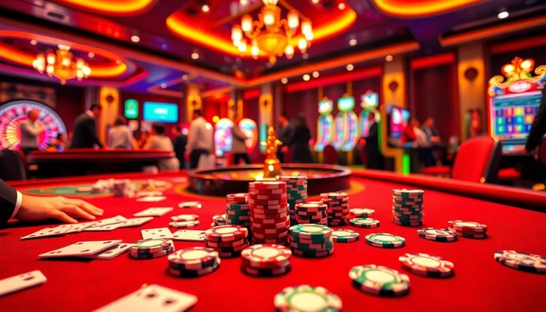 Experience the excitement of trang chủ Jun88 with vibrant casino elements, including glamorous tables and spinning roulette wheels.