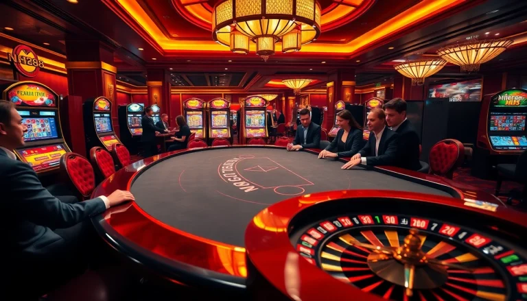 Gamblers engaging at a sophisticated nh88 casino table, vibrant slots in background.