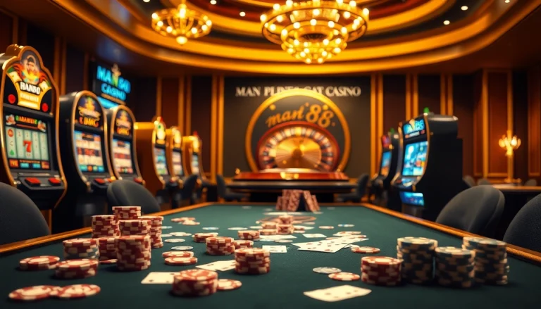 Man88 casino scene showcasing poker chips, slot machines, and a roulette wheel in an elegant setting.