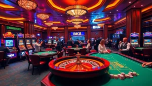 Players enjoying thrilling games at BK8 casino, featuring vibrant tables and slot machines.