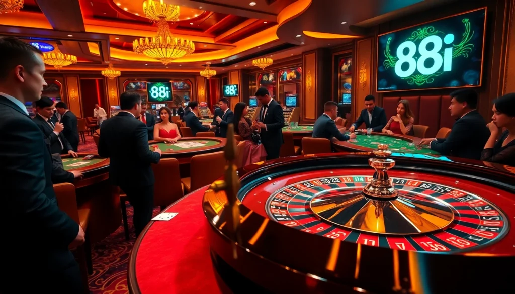Engage in thrilling casino games with 88i, featuring dynamic poker tables and vibrant roulette action.