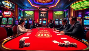 Experience thrilling gameplay at 88i with poker chips and slot machines in a vibrant casino setting.