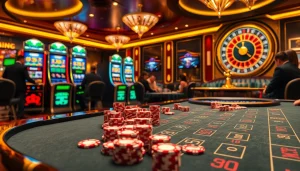Players enjoying high-stakes poker at MK8 casino, surrounded by slot machines and roulette wheels.