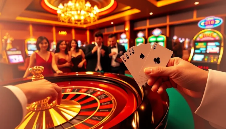 Excited players at a luxurious casino table betting on https://urr88.com/ roulette and blackjack games.