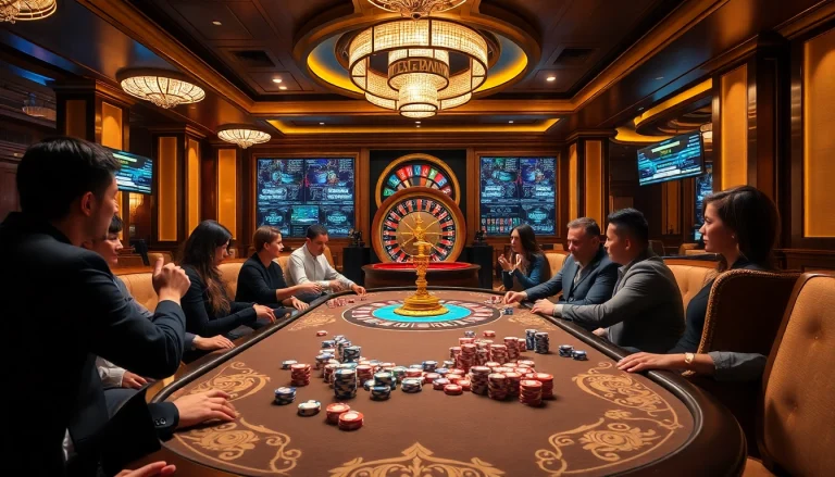 Engaging casino scene featuring nh88-themed poker action with chips and roulette wheels.