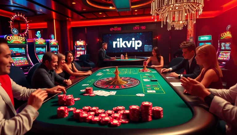 Engaged players at a vibrant rikvip casino table with poker chips and cards.