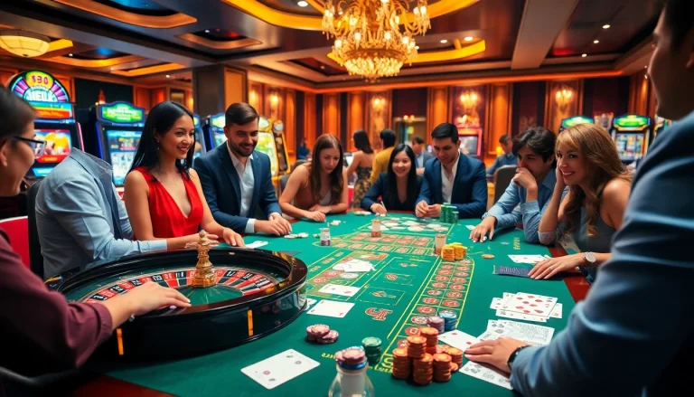 Experience thrilling gameplay at https://99win1.us.com/ with vibrant casino tables, poker chips, and engaged players.