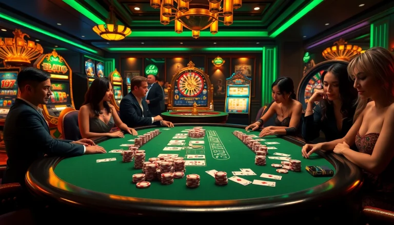 Engaging b52 casino scene with vibrantly colored poker chips and excited gamblers.