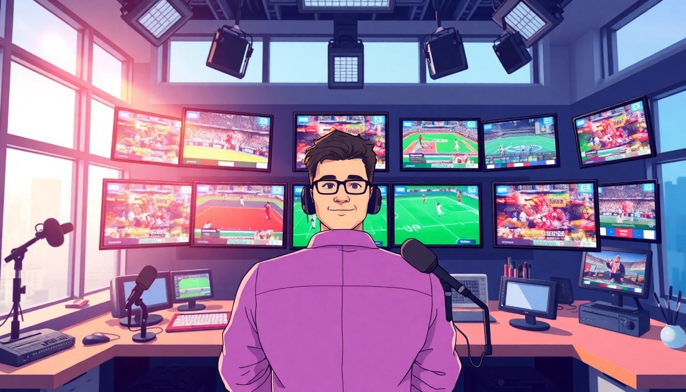 Engaging sports broadcasting scene showcasing a dynamic announcer and live event screens.
