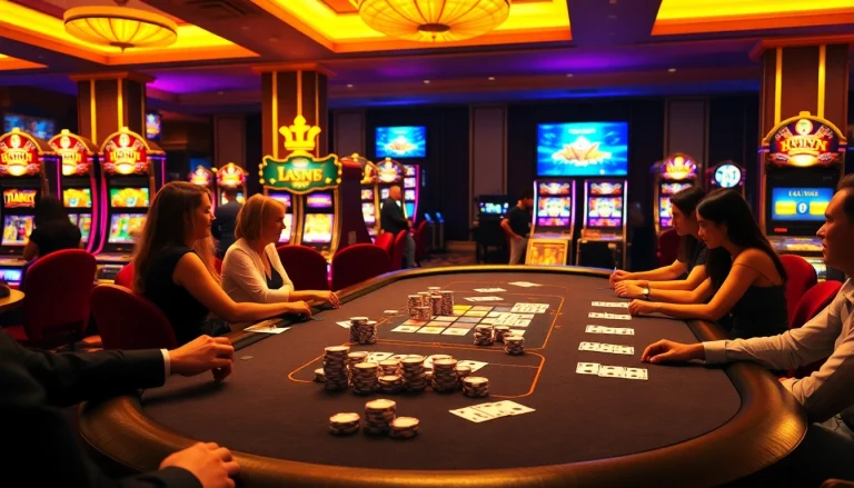 Players engaging at trang chủ 789club with vibrant casino tables and slot machines, showcasing excitement.