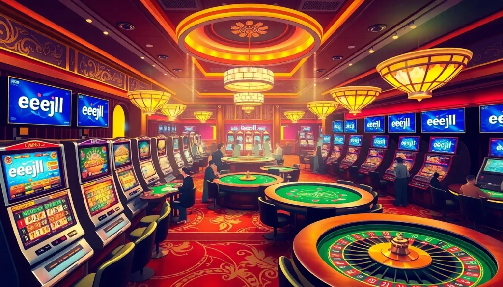 Engaging scene of casino excitement with players at tables and vibrant 'eejl' promotions.
