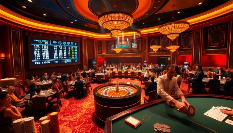 Engage with the thrilling tỷ lệ bóng đá 7m at a luxurious casino, featuring roulette and poker tables with vibrant decor.