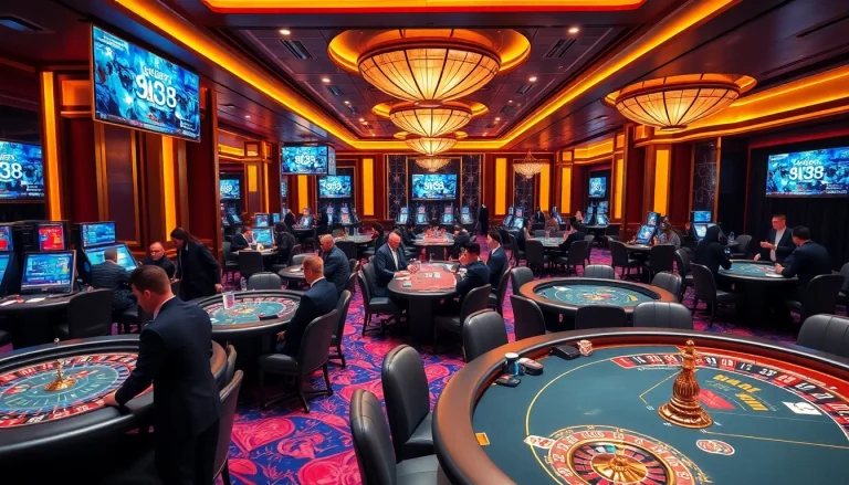 BJ38 live casino action with vibrant tables, chips, and engaging players in a thrilling environment.