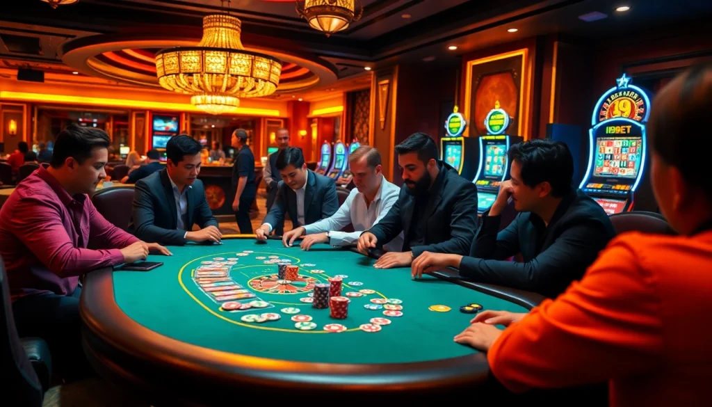 i9bet players strategizing and enjoying a lively poker game at a glamorous casino table.