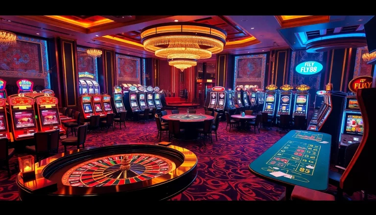 Players strategizing at a FLY 88-themed casino table with vibrant decor and gaming elements.