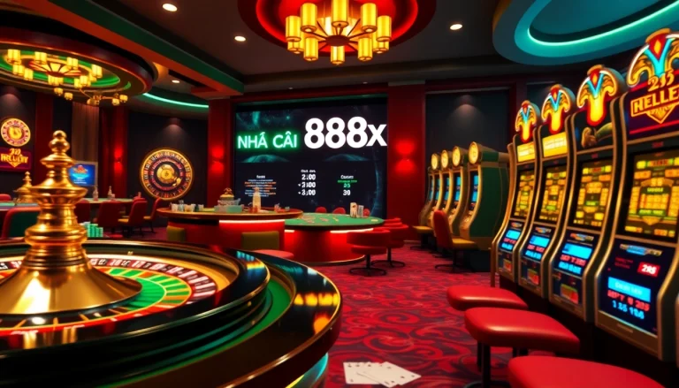 Exciting online gambling scene featuring Nhà cái 88xx with roulette and poker tables.