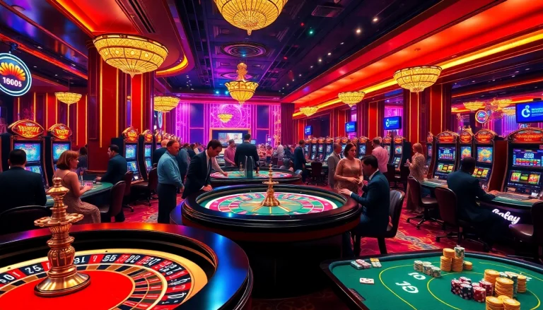 An engaging casino scene illustrating players at u 888 gaming tables, showcasing action and luxury.