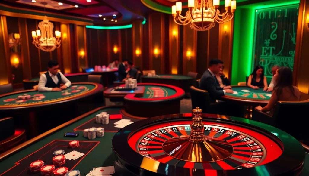 Exciting gameplay experience at mm88 casino featuring a luxurious casino table with dealers and vibrant gaming elements.