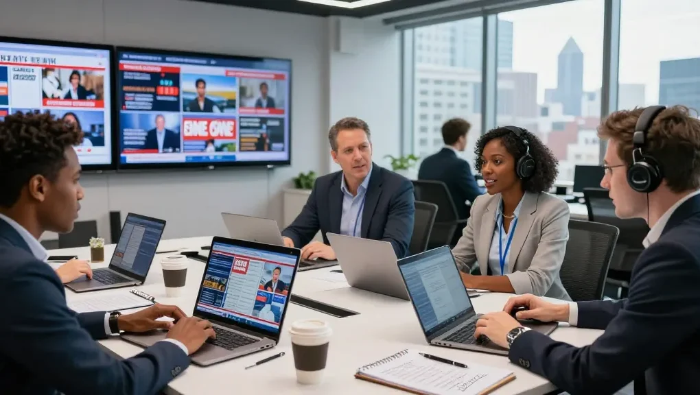 Engaged team at https://www.theindaily.com discussing trending news headlines in a vibrant newsroom.