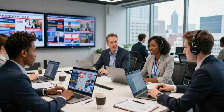 Engaged team at https://www.theindaily.com discussing trending news headlines in a vibrant newsroom.