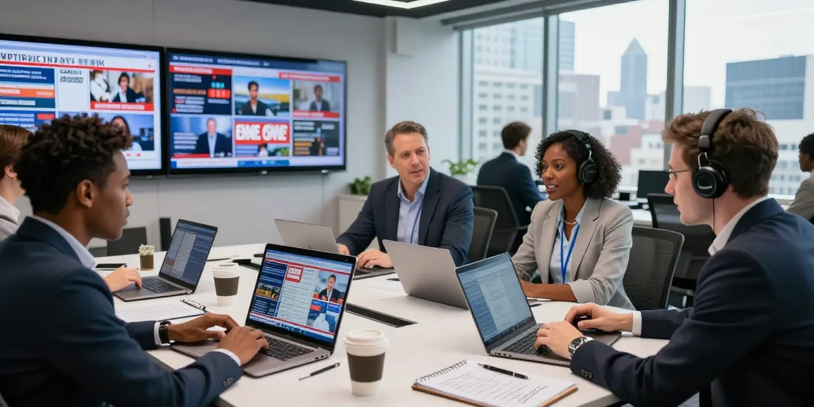 Engaged team at https://www.theindaily.com discussing trending news headlines in a vibrant newsroom.