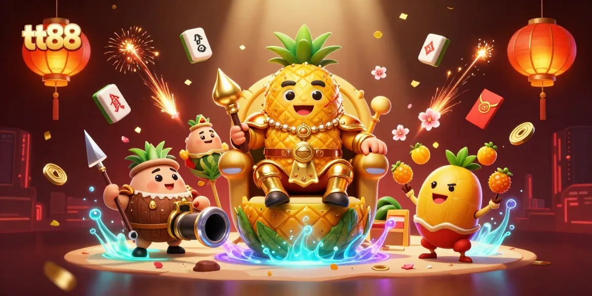 Engage with tt88's thrilling online casino experience featuring a golden pineapple king and festive elements.