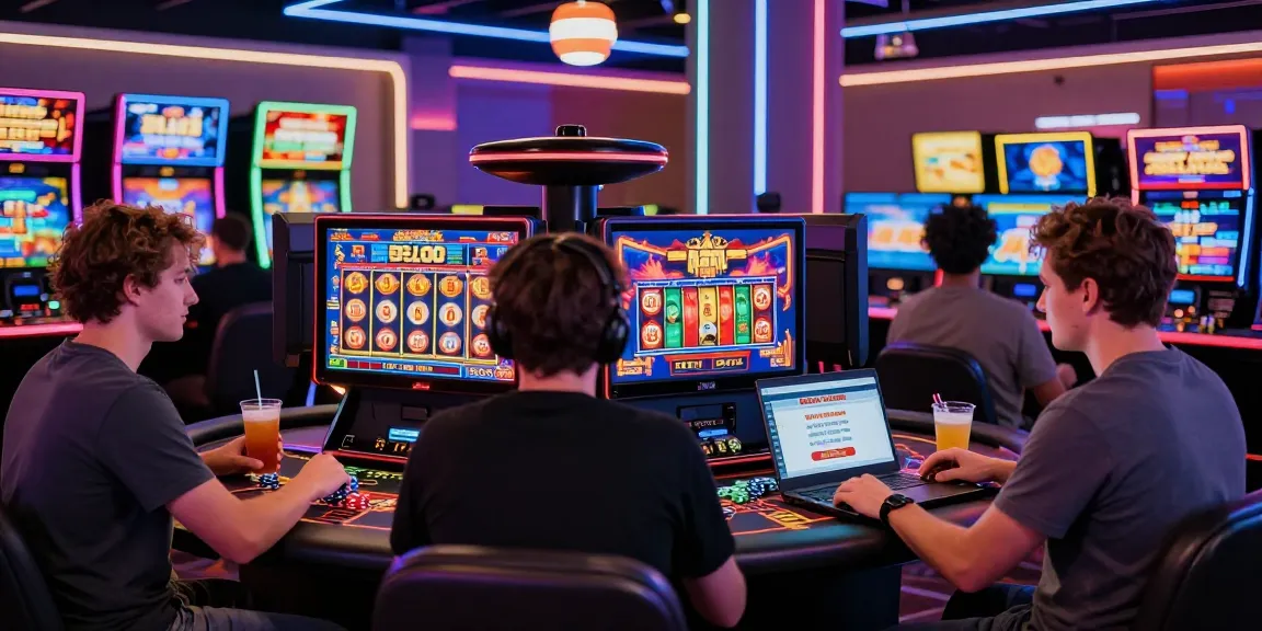 Dynamic online casinos Australia gaming scene with players enjoying pokies and table games in a vibrant, lively atmosphere.